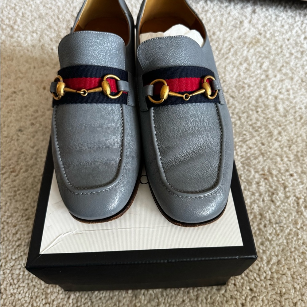 Gucci Jordaan Horsebit Loafers, Gray leather web stripe, gold bit, men’s 10